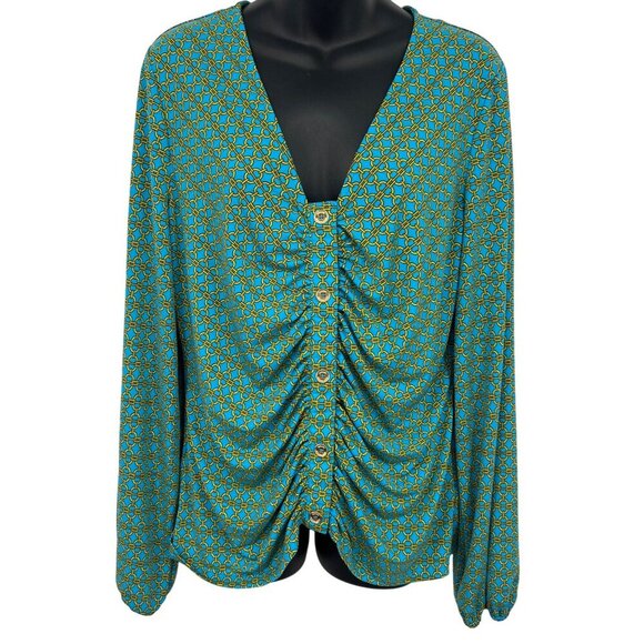 Michael Kors Extra Large Women Ruch Button Chain Blouse Milos Blue Top NWT New - Picture 1 of 8